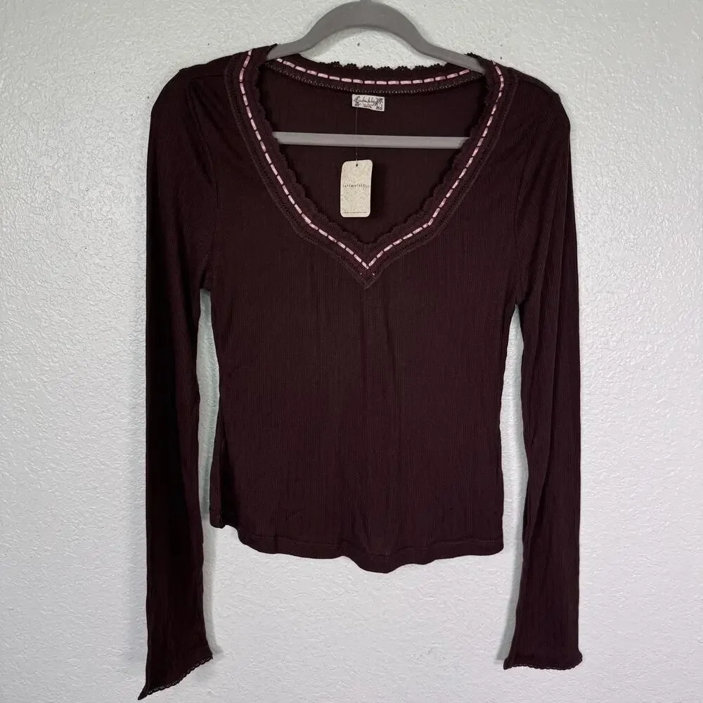 Free People Intimately Top Womens Medium Only You Long Sleeve Lace Ribbed Layer